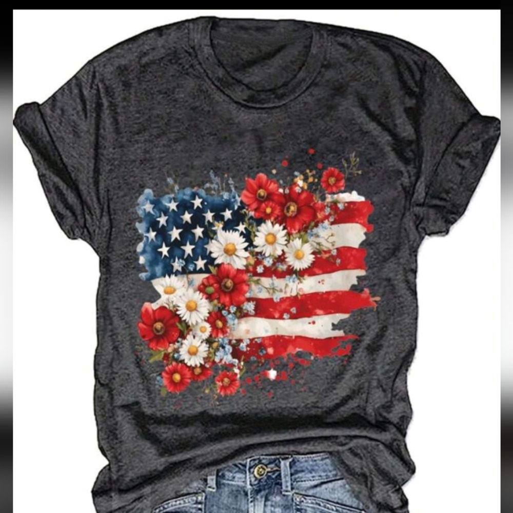 Charcoal Floral American Flag Tee